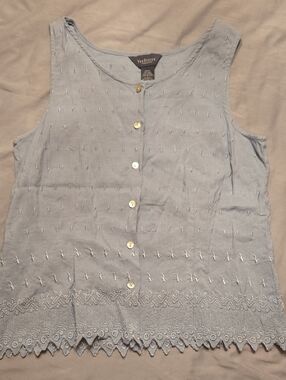 Van Heusen Light Blue Sleeveless Embroidered Button-Front Top